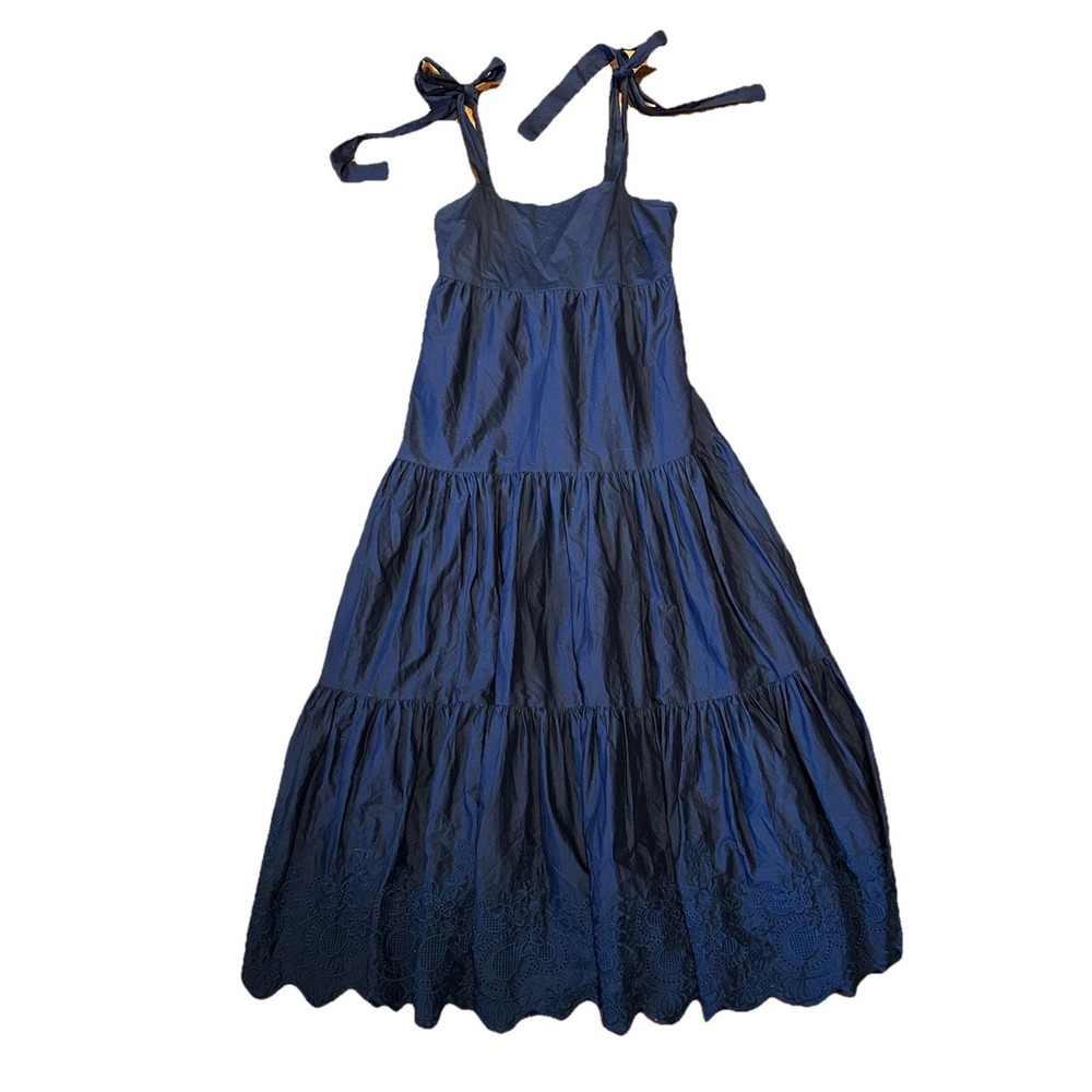 Jason Wu Tiered Embroidered Eyelet Maxi Dress Women Small Shoulder Bow Ties Navy - Picture 2 of 10